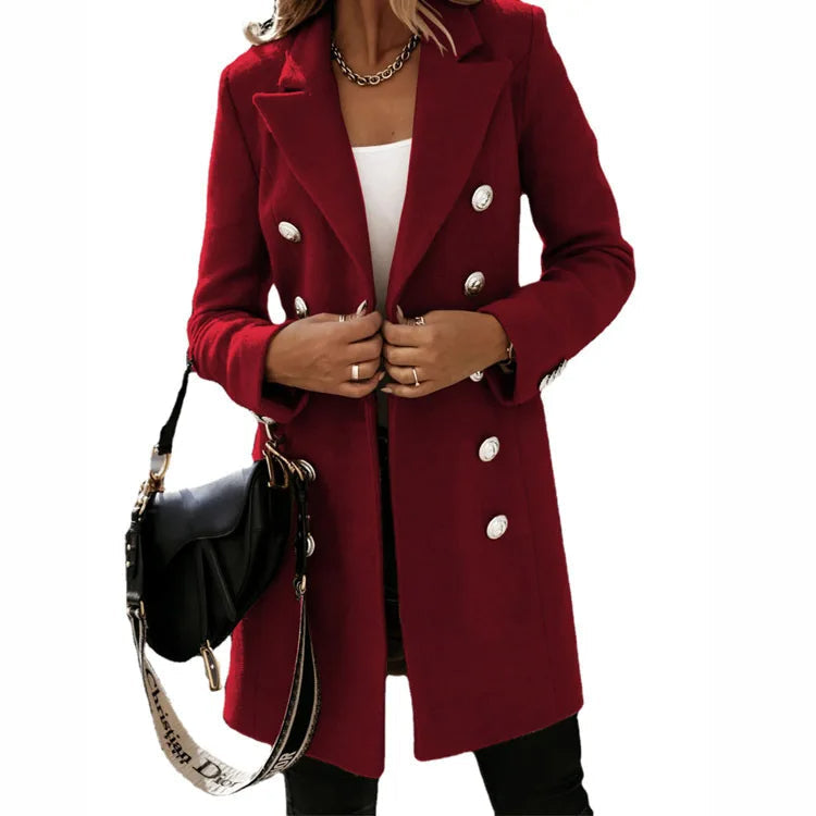 Women's Double-Breasted Long Coat with Lapel Collar