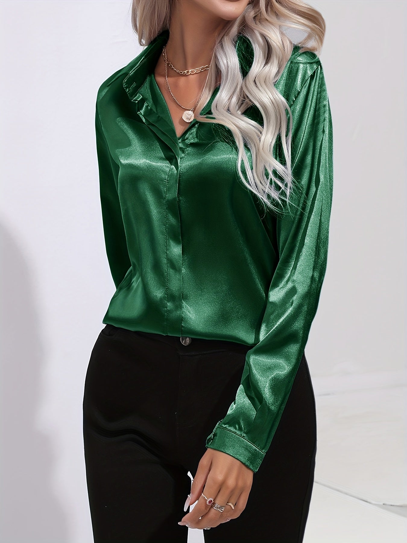 Sarah | Damen Langarm Satin Blusen mit Knopfleiste