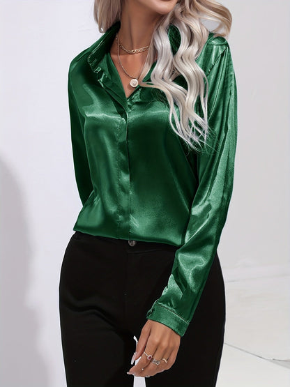Sarah | Damen Langarm Satin Blusen mit Knopfleiste