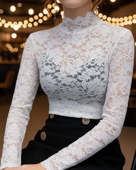 Bonnie | Damen-Frühlingsbluse mit hohem Kragen und Spitze