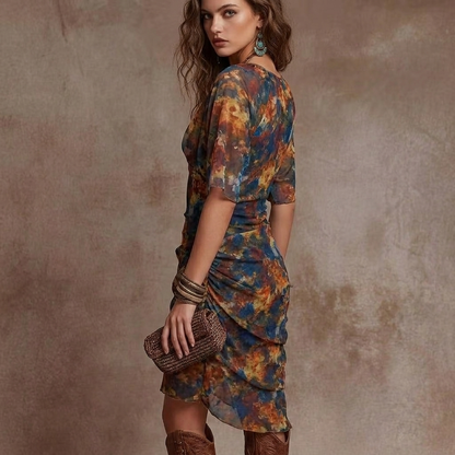 Aveline | Abstract Print Wrap V-Neck Ruched Midi Dress