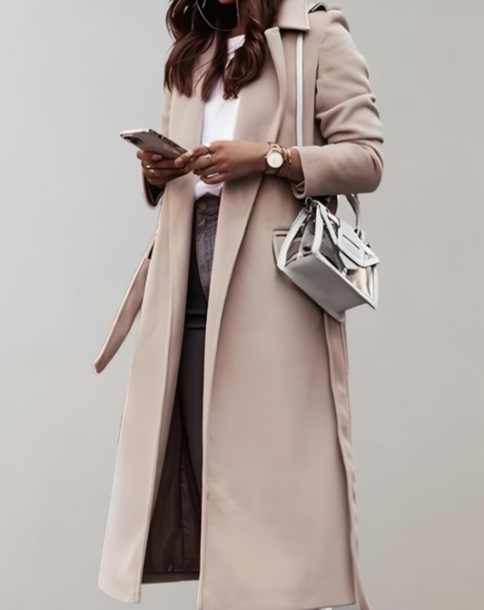 Women's Long Belted Coat with Notch Collar
