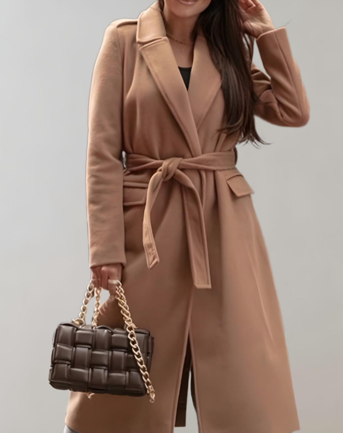 Women's Long Belted Coat with Notch Collar