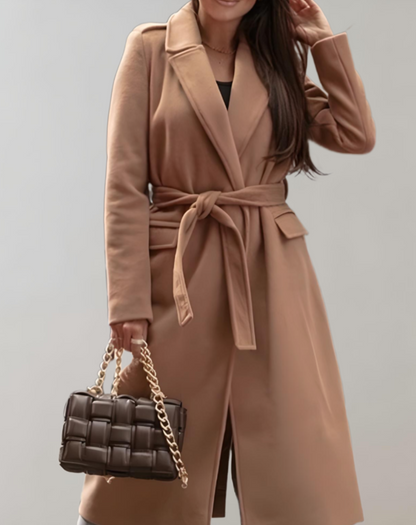 Women's Long Belted Coat with Notch Collar