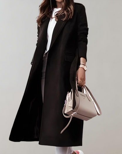 Women's Long Belted Coat with Notch Collar