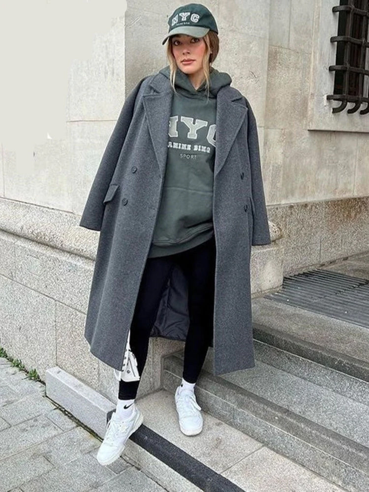 Women's Oversized Wool-Blend Trench Coat Long Wrap