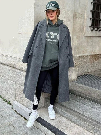 Women's Oversized Wool-Blend Trench Coat Long Wrap