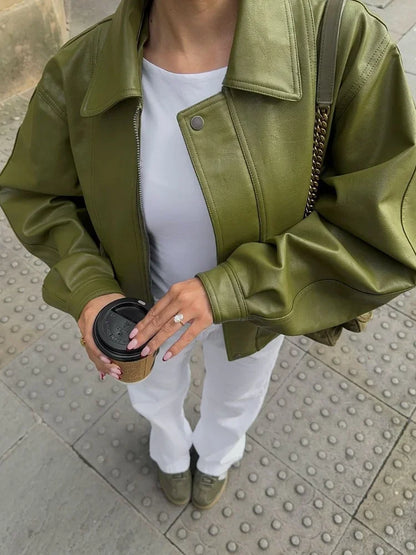 Stella | Women’s Relaxed Fit Oversized Leather Bomber Jacket