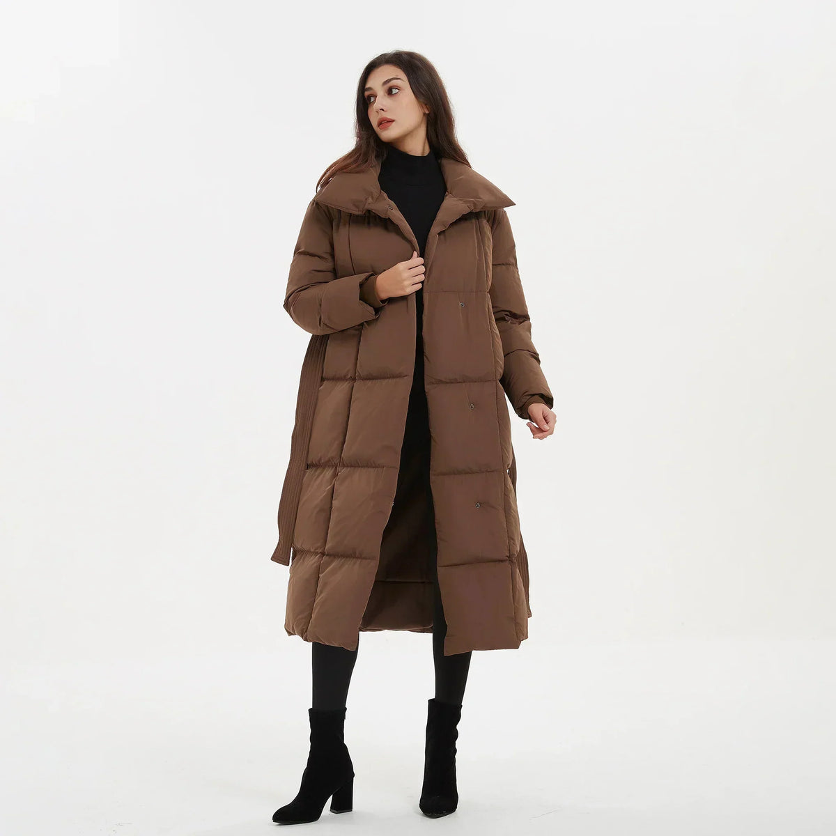 Women's Quilted Puffer Coat with Tie Belt Mid-Length