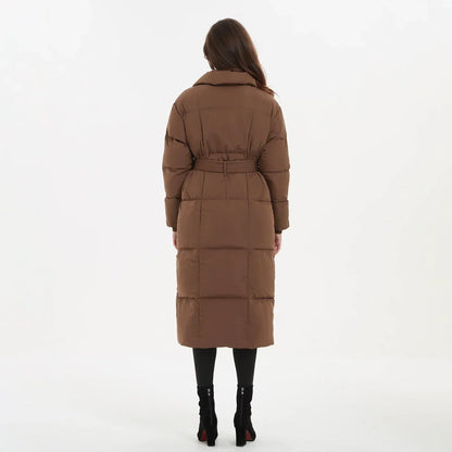 Women's Quilted Puffer Coat with Tie Belt Mid-Length