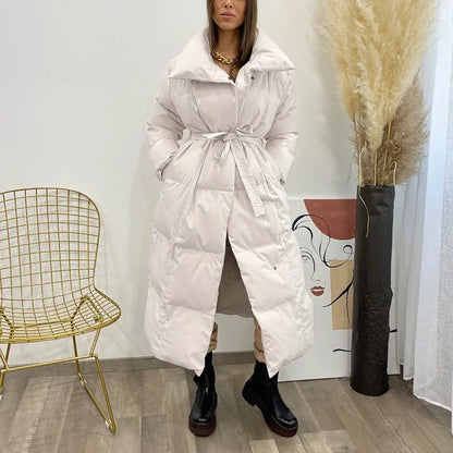 Women's Quilted Puffer Coat with Tie Belt Mid-Length