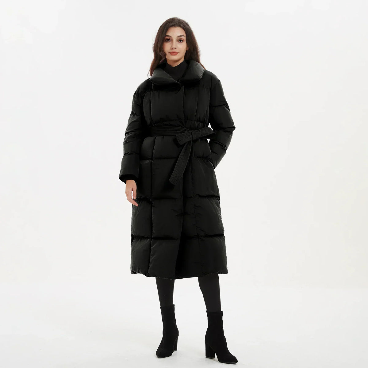 Women's Quilted Puffer Coat with Tie Belt Mid-Length
