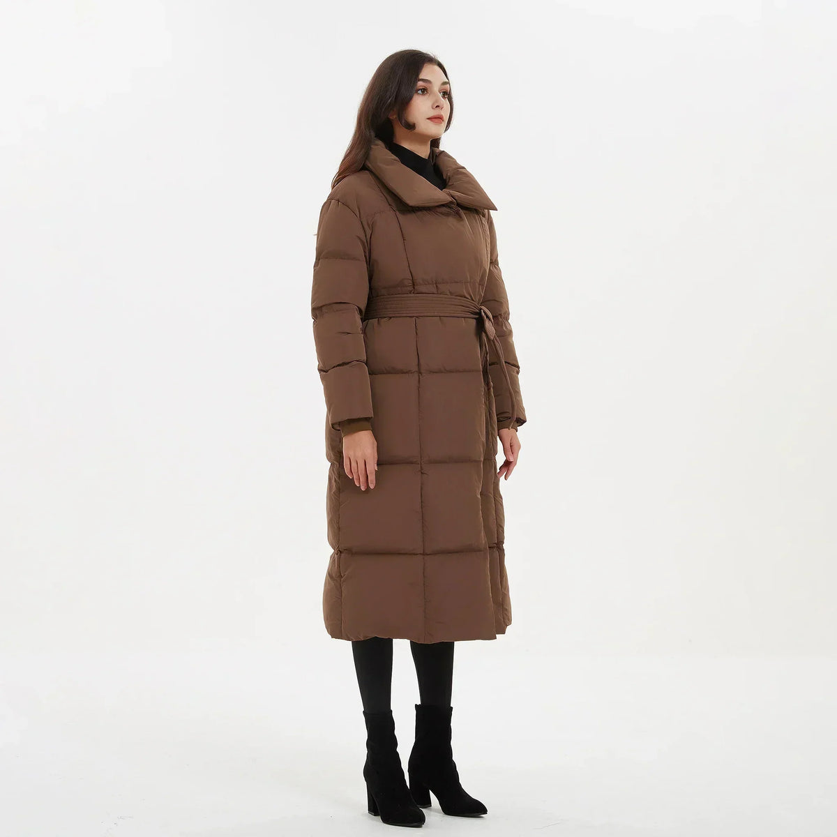 Women's Quilted Puffer Coat with Tie Belt Mid-Length