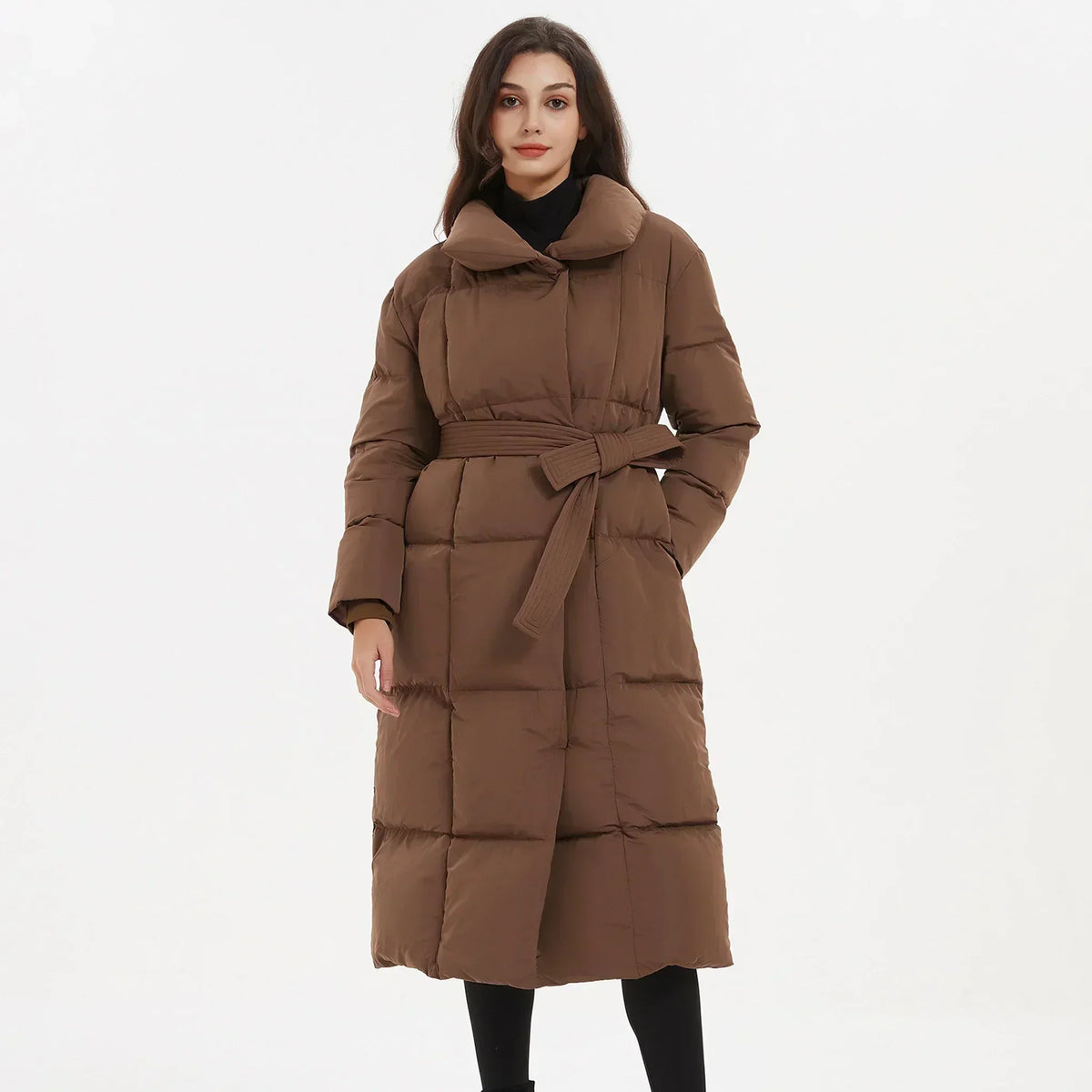 Women's Quilted Puffer Coat with Tie Belt Mid-Length