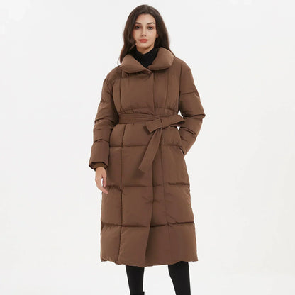 Women's Quilted Puffer Coat with Tie Belt Mid-Length