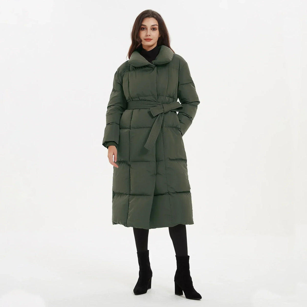 Women's Quilted Puffer Coat with Tie Belt Mid-Length