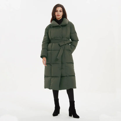 Women's Quilted Puffer Coat with Tie Belt Mid-Length