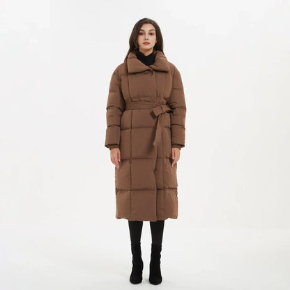 Women's Quilted Puffer Coat with Tie Belt Mid-Length