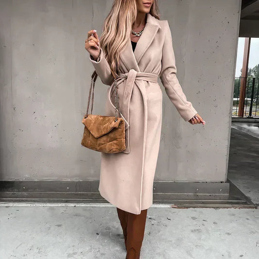Women's Belted Trench Coat with Wide Collar