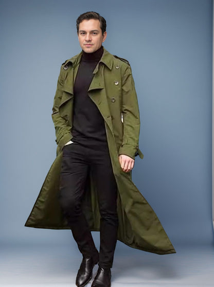 Men's Double-Breasted Trench Coat with Belted Waist