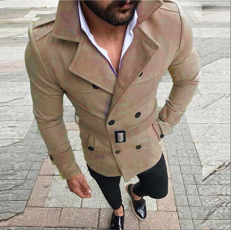 Men's Double-Breasted Trench Coat with Belt and Hooded Collar