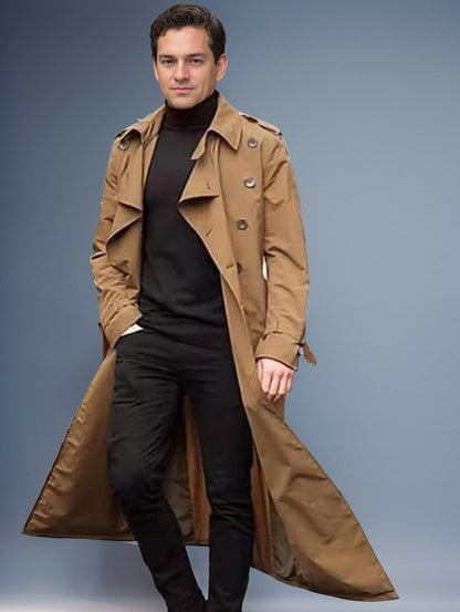 Men's Double-Breasted Trench Coat with Belted Waist