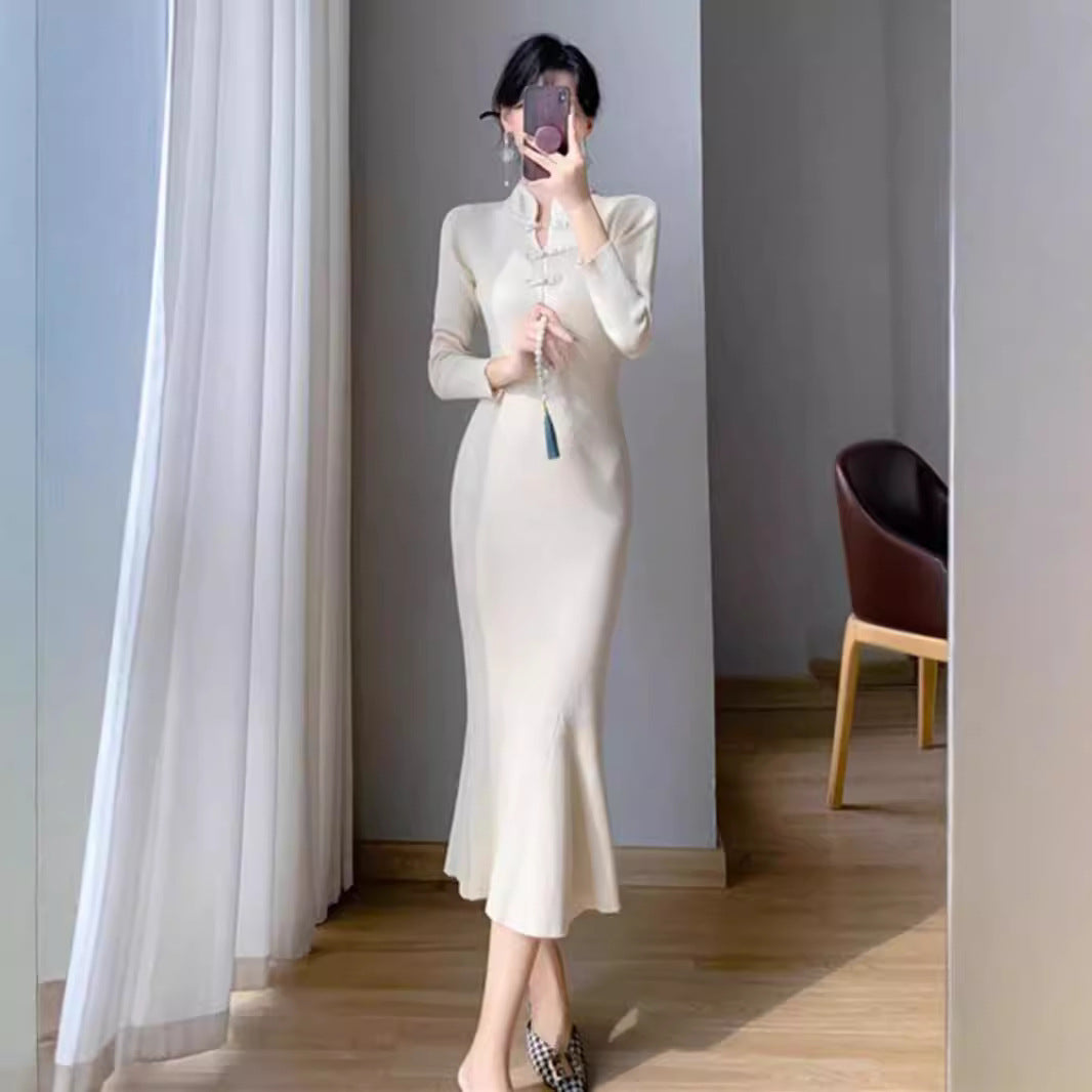 Women's Ribbed Knit Midi Dress with High Neck and Button Details