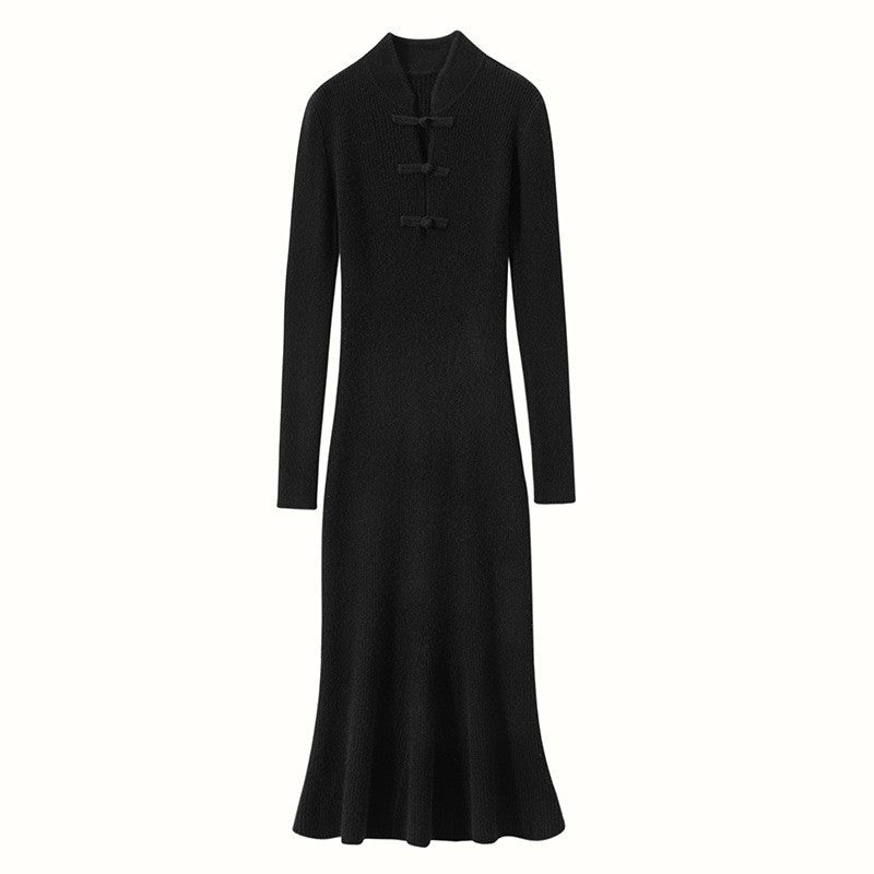 Women's Ribbed Knit Midi Dress with High Neck and Button Details