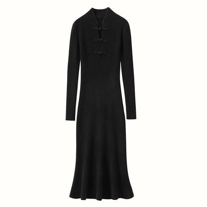 Women's Ribbed Knit Midi Dress with High Neck and Button Details