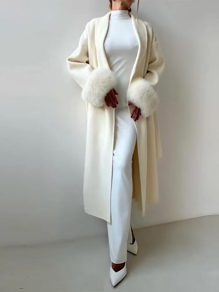 Women's Long Open-Front Coat with Faux Fur Cuffs