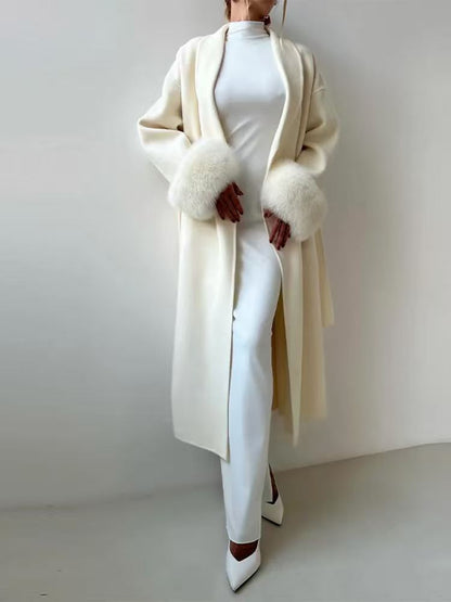 Women's Long Open-Front Coat with Faux Fur Cuffs