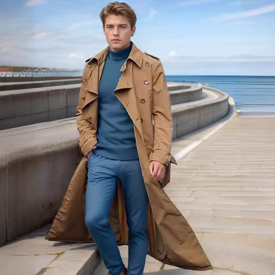 Men's Double-Breasted Trench Coat with Belted Waist