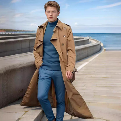 Men's Double-Breasted Trench Coat with Belted Waist