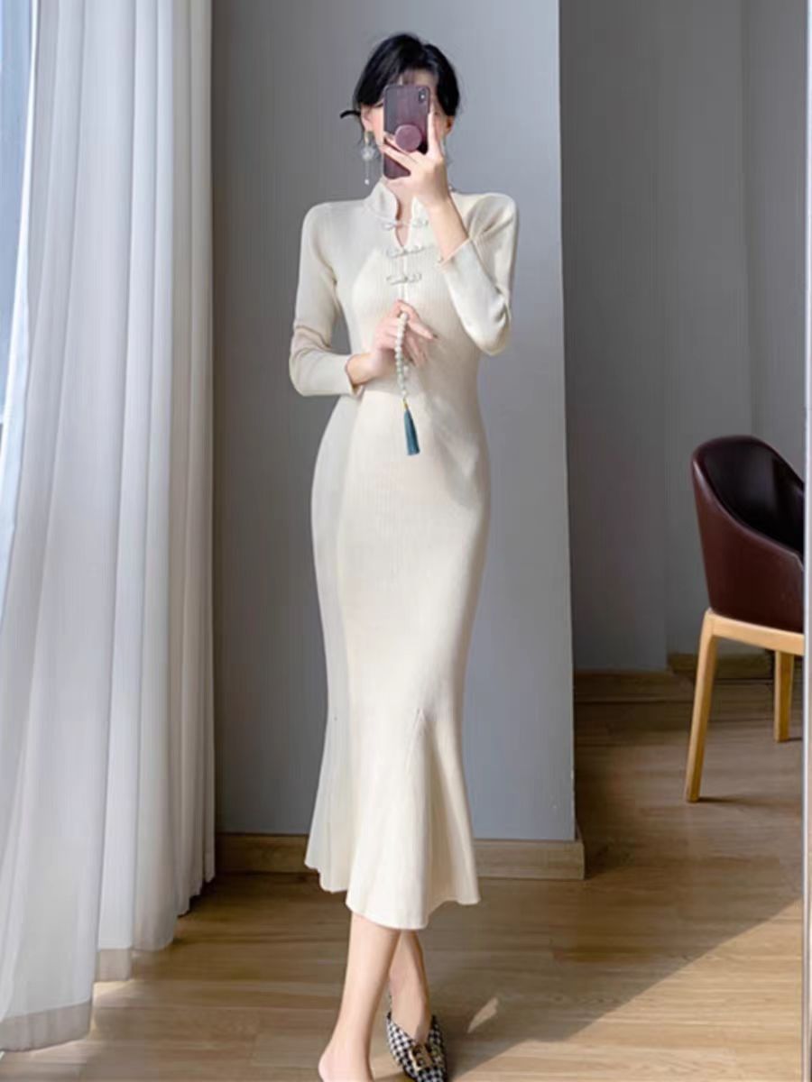 Women's Ribbed Knit Midi Dress with High Neck and Button Details