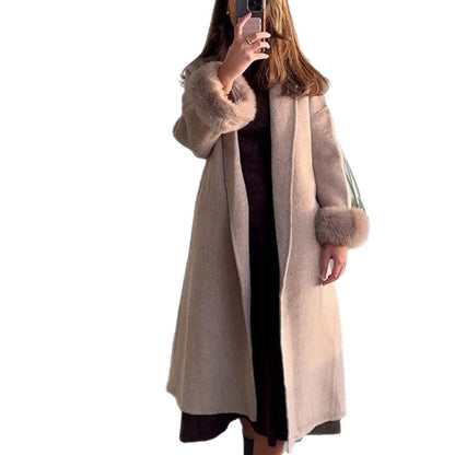 Women's Long Open-Front Coat with Faux Fur Cuffs