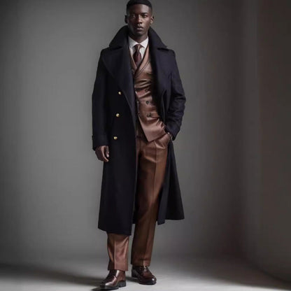Men's Double-Breasted Long Overcoat Wide Collar