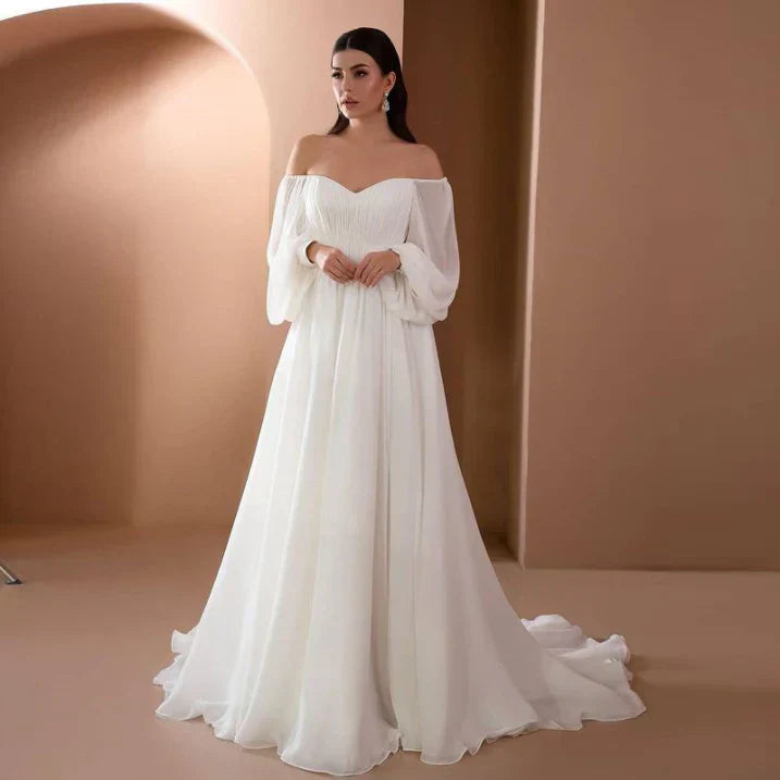 Alice | Damen Off-Shoulder Langarm Hochzeitskleid