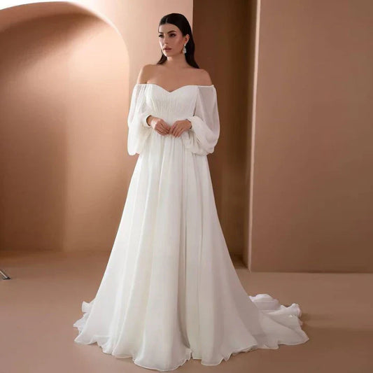 Alice | Damen Off-Shoulder Langarm Hochzeitskleid