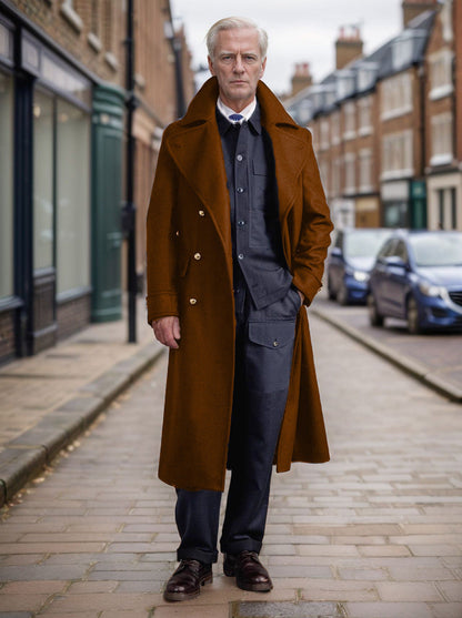 Men's Double-Breasted Long Overcoat Wide Collar