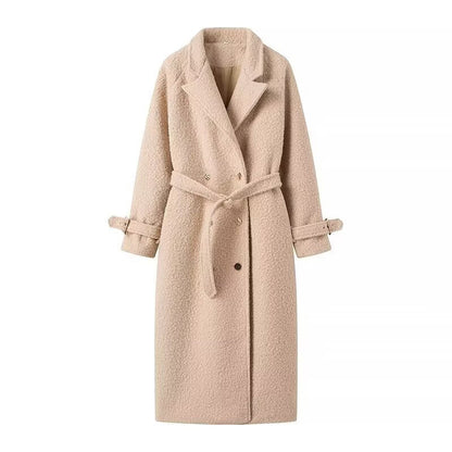 Women's Belted Coat Double-Breasted Long Teddy Coat