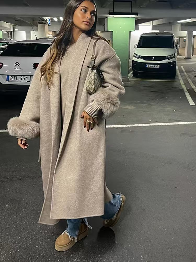 Women's Long Open-Front Coat with Faux Fur Cuffs