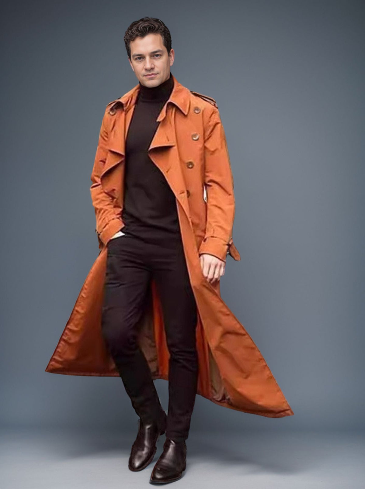 Men's Double-Breasted Trench Coat with Belted Waist