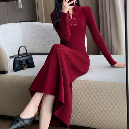 Women's Ribbed Knit Midi Dress with High Neck and Button Details