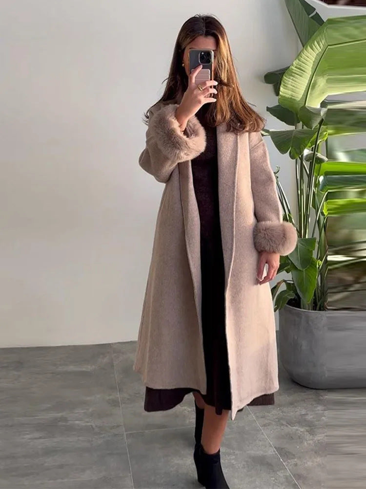 Women's Long Open-Front Coat with Faux Fur Cuffs