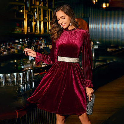 Women's Velvet Evening Dress with Puff Sleeves