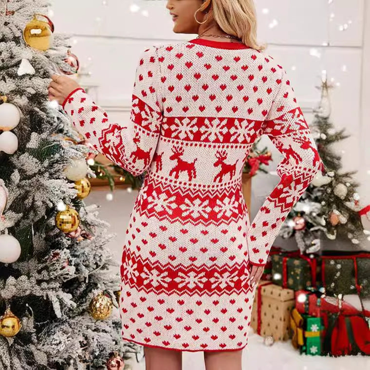 Women's Fair Isle Sweater Dress with Button V-Neck