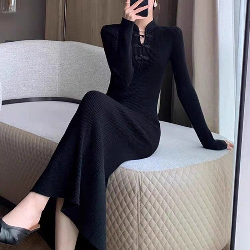 Women's Ribbed Knit Midi Dress with High Neck and Button Details