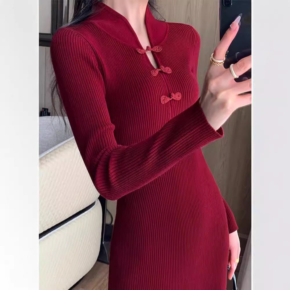 Women's Ribbed Knit Midi Dress with High Neck and Button Details