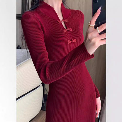 Women's Ribbed Knit Midi Dress with High Neck and Button Details