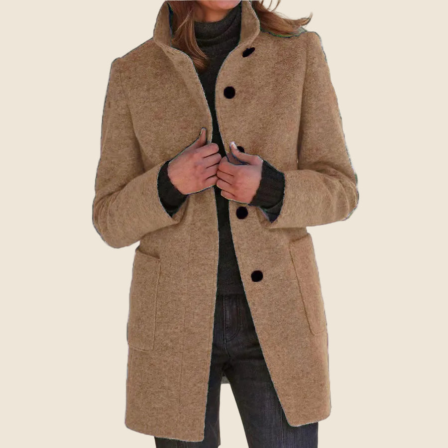 Women's Stand Collar Mid-Length Coat with Front Pockets